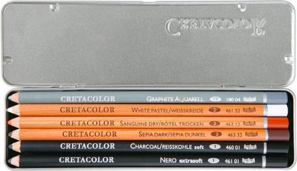 Image du produit Cretacolor Crayon à dessin 6pcs. set de base (Néron, Charbon, Sépia, Sanguine, Craie blanche, Graphite Aquarelle 4B, 6 x)