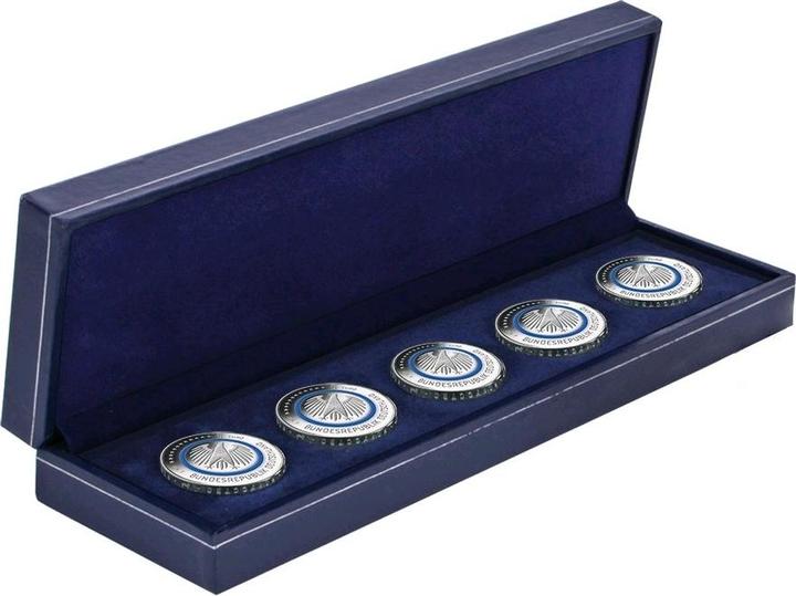Safe Astuccio per monete blu scuro, basta inserire la moneta per averla pronta, ad esempio per 5 monete