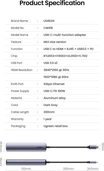 Produktbild Ugreen USB-C zu 2x USB-A (USB-C, 5 Ports)