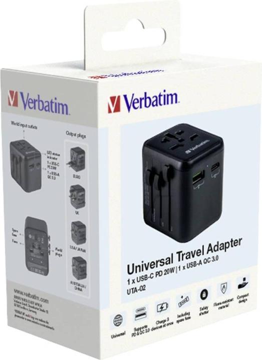 Produktbild Verbatim Universal Travel Adapter with 1 x USB-C PD 20W / 1 x USB-A QC 3.0