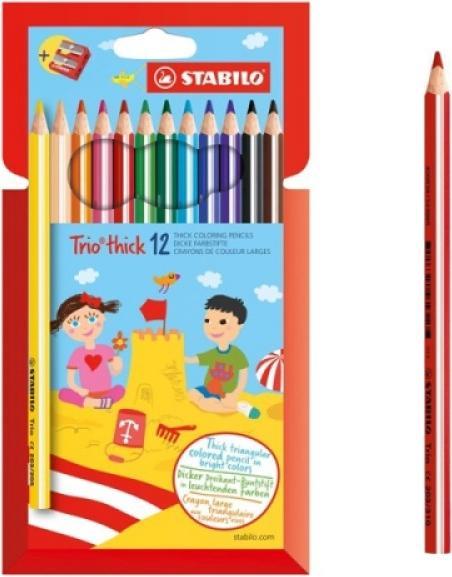 Productafbeelding STABILO Trio dik driehoekig krijt met puntenslijper (Veelkleurig, 12 x)