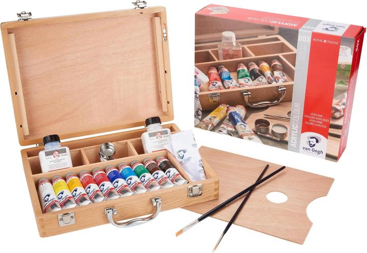 Produktbild Van Gogh Holzkasten Acrylfarben Basic (Weiss, Dunkelgelb, Gelb, Grün, Blau, Rosa, Schwarz, Rot, Braun, Dunkelblau, 175 ml)