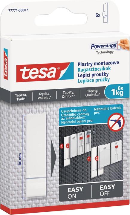 Produktbild tesa Powerstrips für Tapete & Putz, 1kg Halteleistung, 6x doppelseitige Klebestreifen