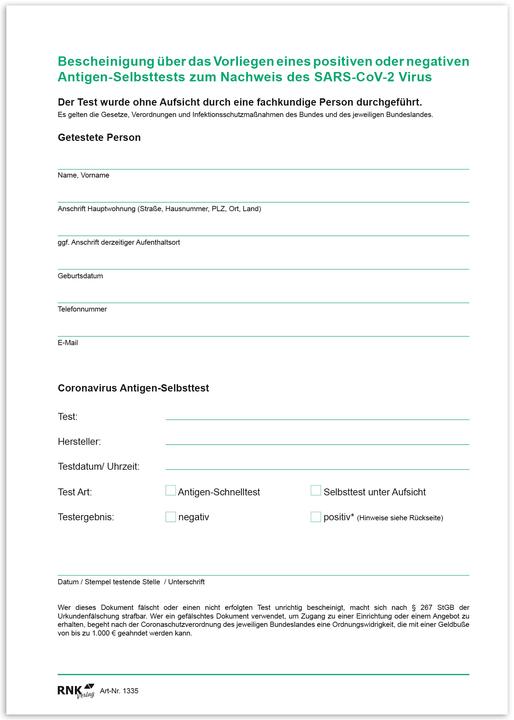 Produktbild Rnk Block A5 Bescheinigung Selbsttest weiss