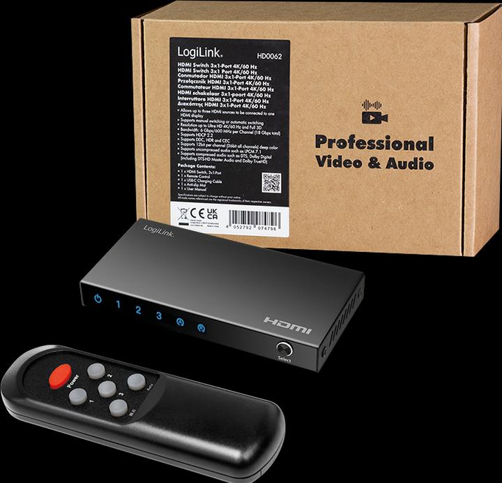 Produktbild LogiLink HDMI-Switch, 3x1-Port, 4K/60 Hz, HDCP, HDR, CEC, RC