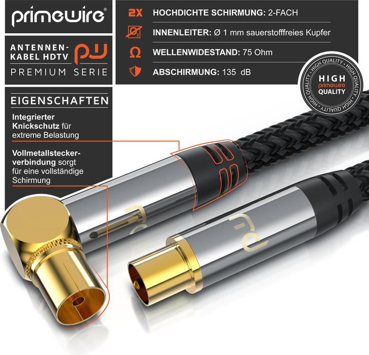 Produktbild Primewire Antennenkabel gewinkelt mit Braiding, Koaxialkabel 75 Ohm HDTV, Radio, DVB-T2 TV Antennen Kabel (135 dB, Antennenkabel)