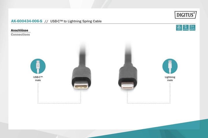 Produktbild Digitus USB 2.0 - USB - C auf Lightning Spiralkabel (1 m, USB 2.0)