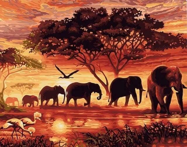 Produktbild Figured'Art Malen nach Zahlen - Elefanten bei Sonnenuntergang auf Keilrahmen gespannt