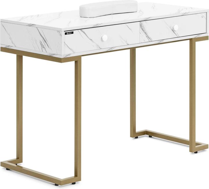 Image du produit Physa Table de manucure - Cadre en fer - Marbré / Doré - 2 tiroirs - Tablette pour les mains