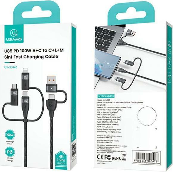 Actual product image Usams US-SJ645 U85 PD100W A+C to C+L+M 6in1 Fast Charging Cable 1.2m (1.20 m, USB 3.2 Gen 1)