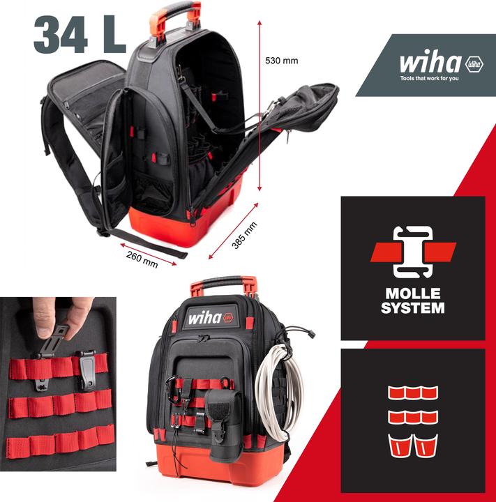 Produktbild Wiha Elektriker Werkzeugrucksack 27tlg Elektriker Grundausstattung stabiler Standboden Laptopfach (28 Teile)