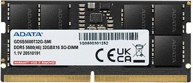 Produktbild Adata SO-DIMM 32 GB DDR5-5600 (1x 32 GB) (schwarz, GD5S5600732G-SMI, Gold) (1 x 32GB, 5600 MHz, DDR5-RAM, SO-DIMM)