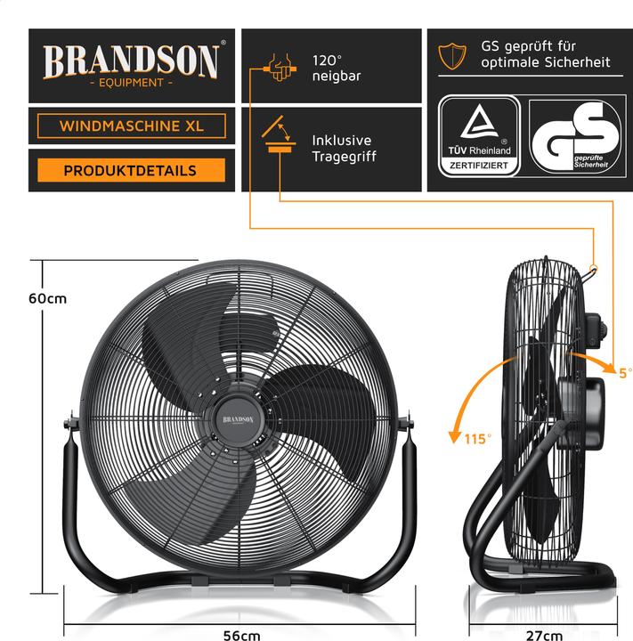 Produktbild Brandson Windmaschine 53,5 cm Ø, Retro Bodenventilator 200W neigbar, Tragegriff, hoher Luftdurchsatz, schwarz (67 dB)