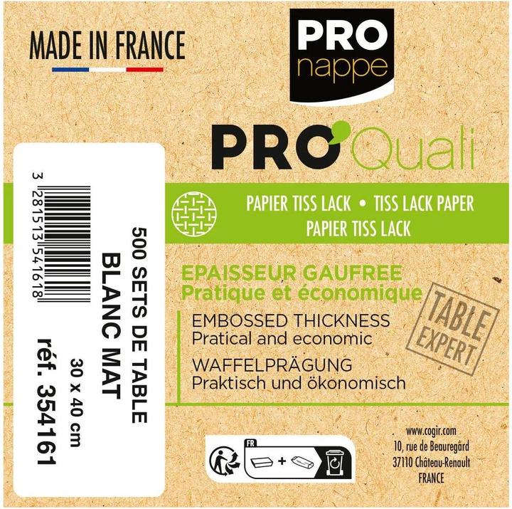 Valeurs nutritives et ingrédients PROnappe Set de table jetable, 400 x 300 mm, blanc mat (500 x, 30 x 40 cm)