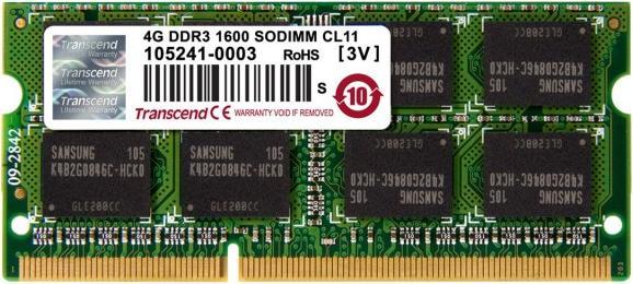 Actual product image Transcend SODIMM DDR3 1600Mhz 4GB Non-ECC CL11 (1 x 4GB, 1600 MHz, DDR3-RAM, SO-DIMM)