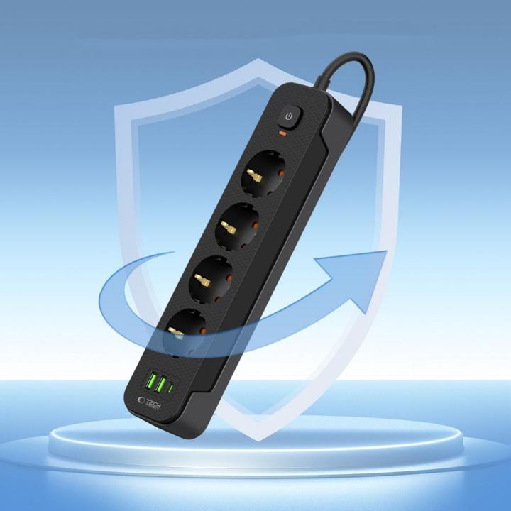 Image du produit Tech-Protect PCL4X3 Power Strip 4 Sockets 240V + 2xUSB-A + 1xUSB-C 200 cm - Noir (2 x, USB-A, USB-C, 2 m)