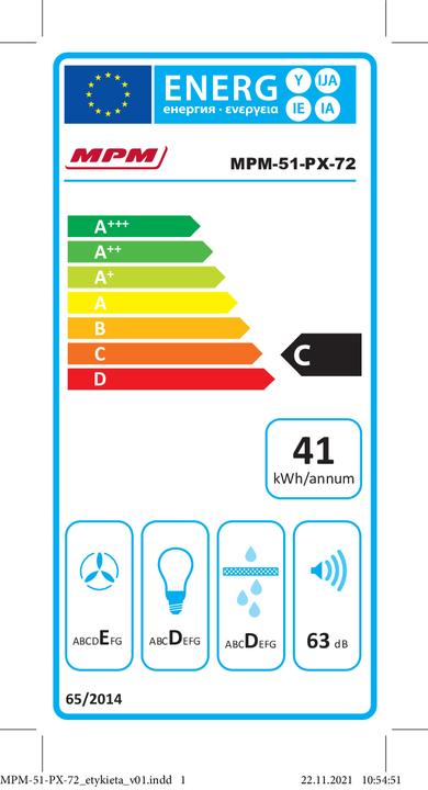 Label énergétique MPM Hotte de table MPM-51-PX-72 175 m3/h Noir (Hotte à tiroir)