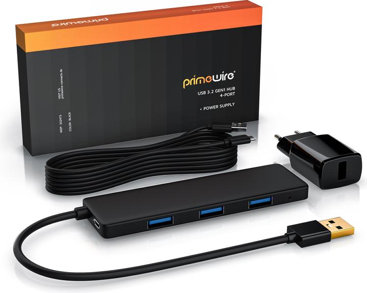 Actual product image Primewire 4-port active Ultra Slim USB 3.2 hub distributor with power supply unit (Micro USB, USB-A, 4 Ports)