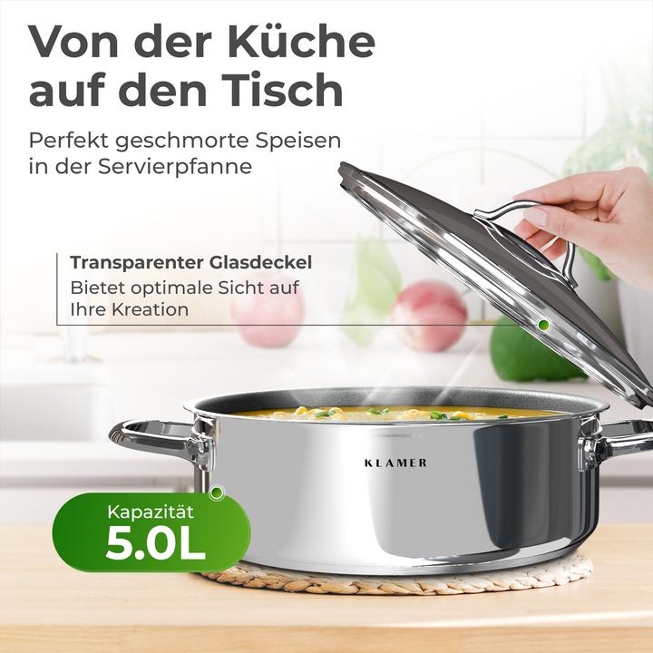 Image du produit KLAMER 28cm induction poêle à servir, anti-adhésif, résistant au four, y compris le couvercle (28 cm, Ensemble de casseroles et de poêles de cuisson, Acier inoxydable)
