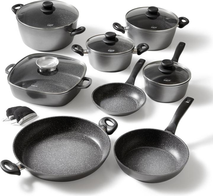 Produktbild Stoneline Kochgeschirr-Set 13 teilig mit Deckeln, beschichtete Töpfe, Pfannen Induktion geeignet (32 cm, Stielkasserolle, Kochtopf, Bratpfanne, Aluminium)