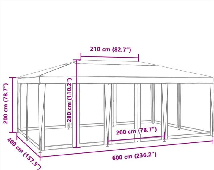 Produktbild VidaXL Partyzelt Pavillon Festzelt mit 10 Mesh-Seitenteilen Weiss 6x4m HDPE (600 cm, 400 cm)