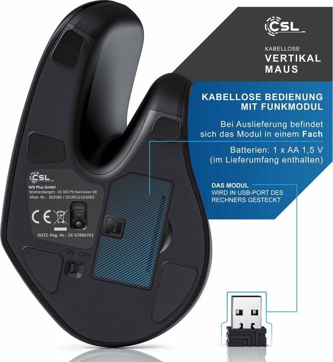 Produktbild CSL ergonomische Maus, Funk, kabellos, kabellose Vertikal Mouse, Vertikalmaus armschonend & ergonomisch (Kabellos)