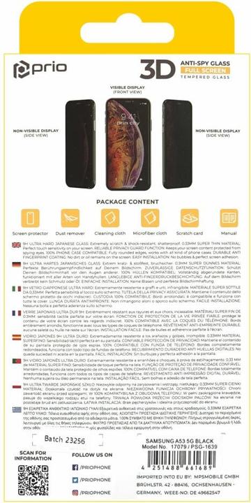Produktbild prio 3D Anti-Spy Tempered Glass for Samsung A53 5G black (1 Stück, Samsung Galaxy A53 5G)