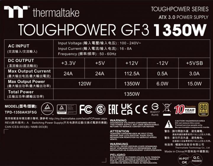 Valeurs nutritives et ingrédients Thermaltake Toughpower GF3 (1350 W)