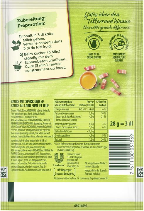 Nutritional values and ingredients Knorr Salsa per pasta carbonara sauce, delicate cheese sauce with spicy bacon cubes, for spaghetti & pasta (28 g)