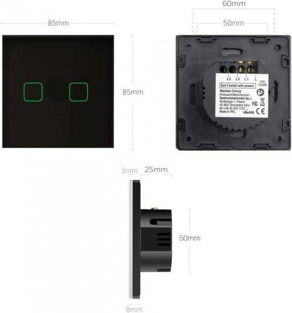 Produktbild Maclean Interrupteur double mural tactile MCE703 (Noir)