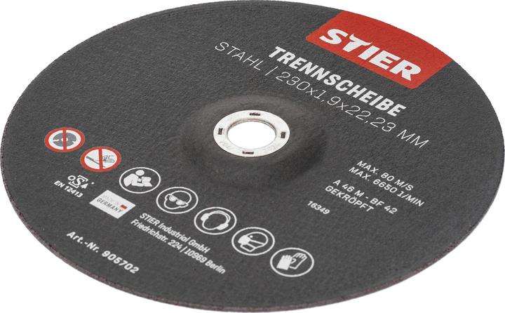 Image du produit Stier Disques à tronçonner acier 230 x 1,9 x 22,23 forme 42 à moyeu déporté