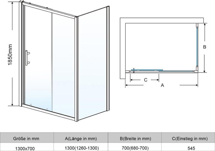 Image du produit SONNI Cabine de douche 130 x 70 cm, porte coulissante, verre de sécurité ESG, cabine de douche, port (130 cm, 130 cm, 185 cm)
