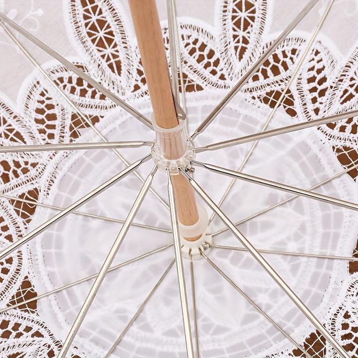 Actual product image Alopini Grosser Vintage-Schirm mit Spitzenstickerei und Holzgriff - elegantes Blumenmuster, manuelles Öffnen