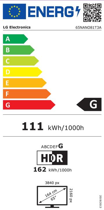 Energie-Label LG TV Set||65"|4K/Smart||Wireless LAN|Bluetooth|webOS|65NANO81T3A (65", NANO81, Nano-Cell, 4K, 2024)