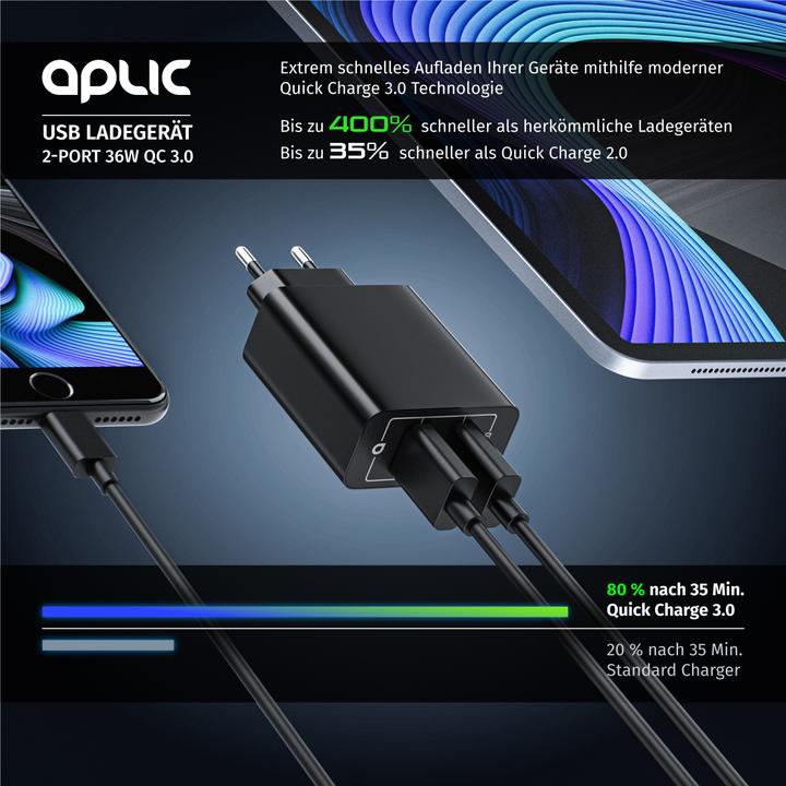 Image du produit Aplic Chargeur USB, chargeur USB Quick Charge à 2 ports 36 W / 6000 mA / fonction de charge rapide, noir (36 W)