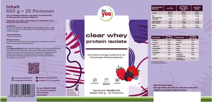 Valeurs nutritives et ingrédients For You clear whey protein isolate - Fruits de bois (Fruits des bois, 1 pcs, 600 g)