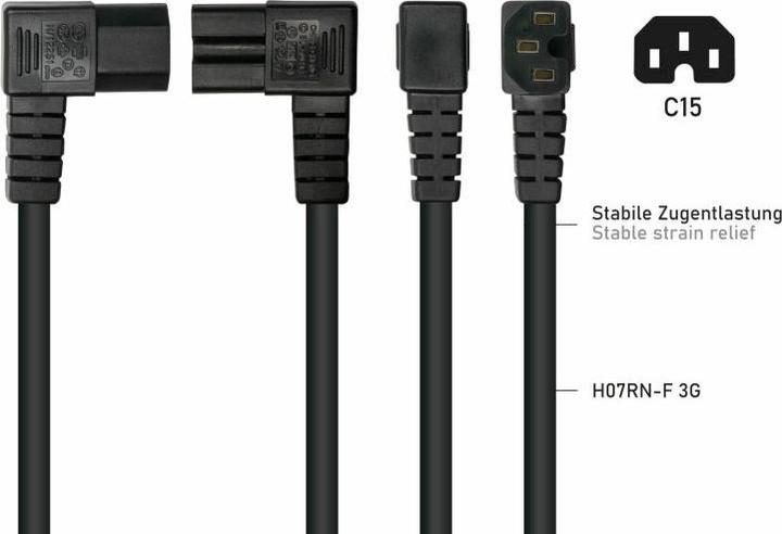 Produktbild Kabelmeister Netzkabel Schutzkontakt-Stecker Typ E+F (90° gew.) an Warmgeräte-Buchse C15 (r. gew.) (0.50 m)
