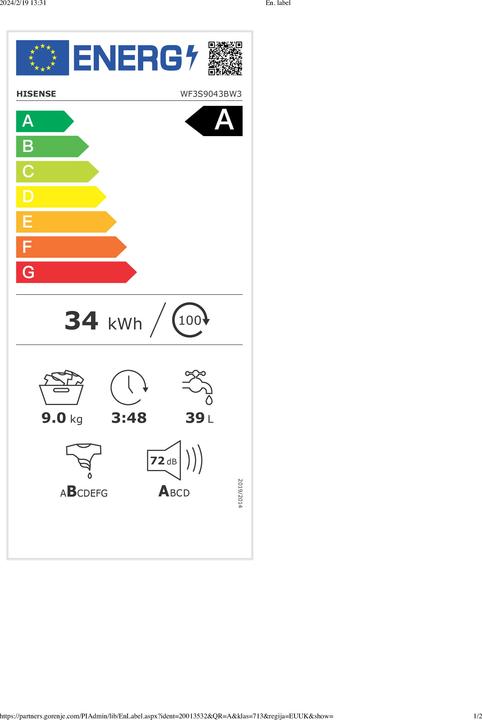 Label énergétique Hisense WF3S9043BW3 (9 kg, Gauche)