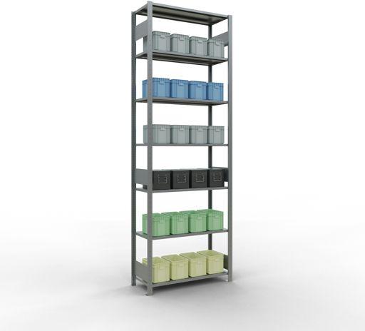 Sistema di scaffalature di base senza viti MULTIplus150 con ripiani di lunghezza