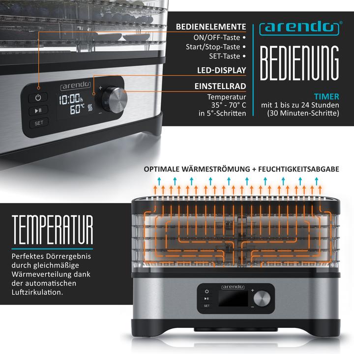 Image du produit Arendo Dörrautomat mit Temperaturregler, 5 Etagen, 35-70°C, Edelstahl, Dörrgerät 400 W, Timer 24h, BPA-frei