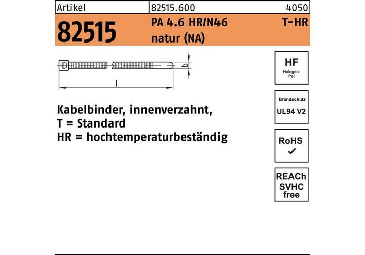 Produktbild HellermannTyton Kabelbinder R 82515 innenverzahnt 4,6 x 390 /110 Polyamid 4.6 HR/N46 natur (Kunststoffkabelbinder, 390 mm, 100 Stk.)