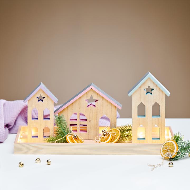 Produktbild VBS Häuser-Silhouetten mit Fenster "Weihnacht", 3er-Set, MDF-Holz