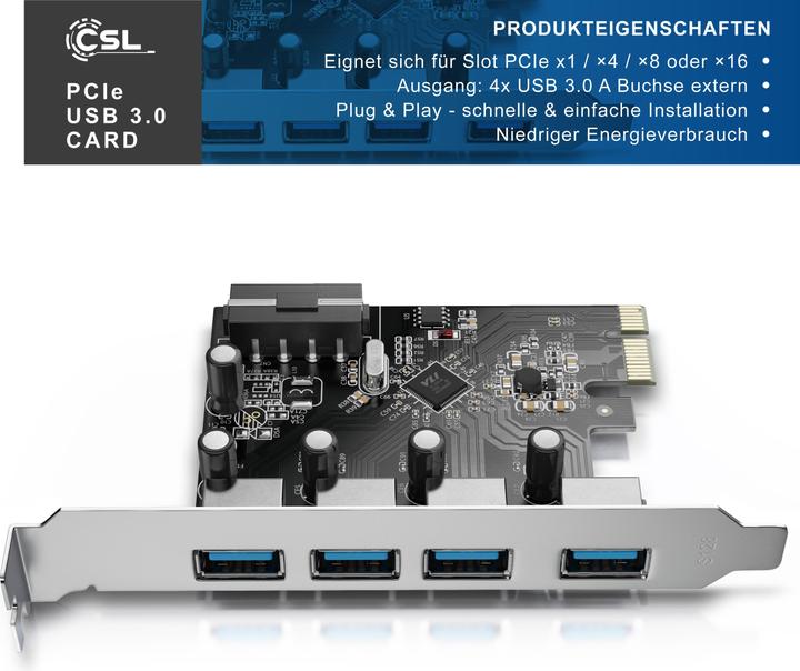 Produktbild CSL 4 Port USB 3.0 PCI Express Controllerkarte, 4 Schnittstellen, USB Hub