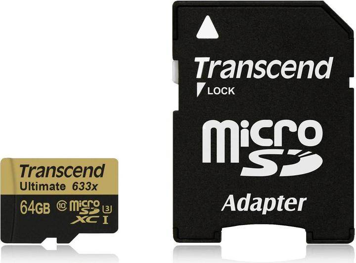 Transcend microSDXC Ultimate 633x UHS-I U3 avec adaptateur (64 Go, microSDXC, U3, UHS-I)