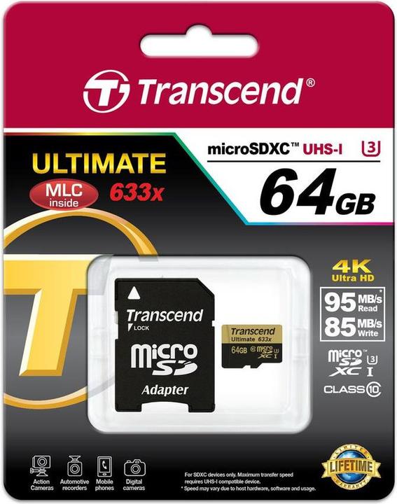 Produktbild Transcend microSDXC Ultimate 633x UHS-I U3 mit Adapter (64 GB, microSDXC, U3, UHS-I)