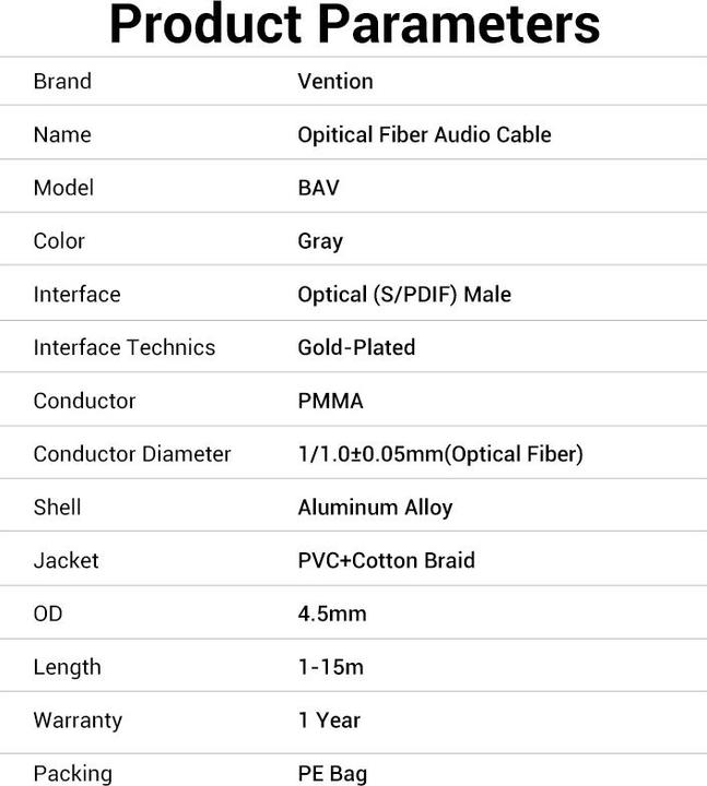 Nutritional values and ingredients Vention Optical Audio Cable BAVHF 1m (Black) (1 m, TOSLINK)