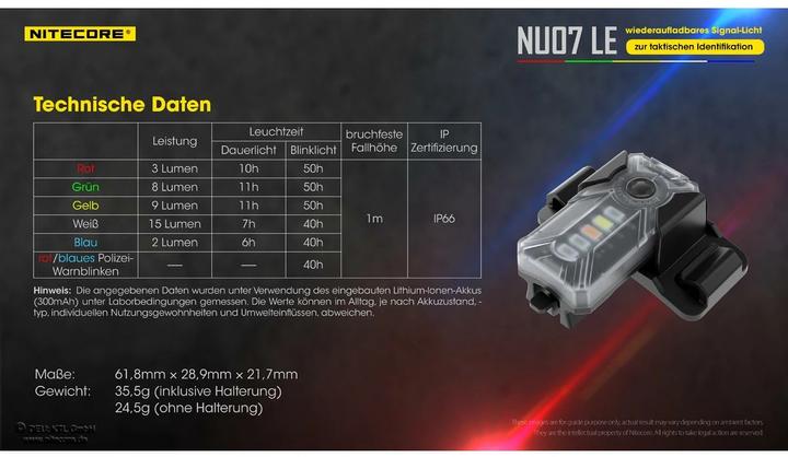 Actual product image Nitecore NU07 LE - Signal light (6.20 cm, 15 lm)