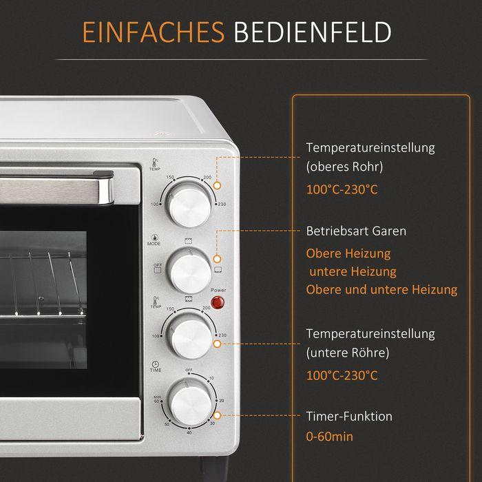 Produktbild Swisshandel24 Minibackofen 32L 1600W Elektrischer Mini Ofen mit Schlackenauffangwanne Metall Edelstahl Glas Silber
