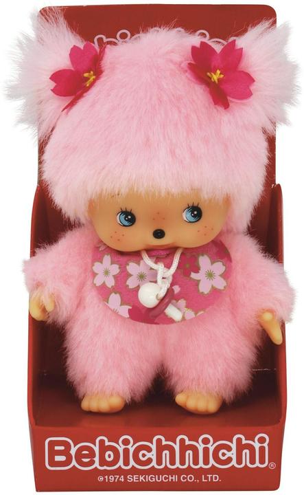 Produktbild Monchhichi Sekiguchi 242443 Original Bebichhichi Mädchen Kirschblüte, aus rosa Plüsch, mit Lätzchen und Zöpfen (16 cm)