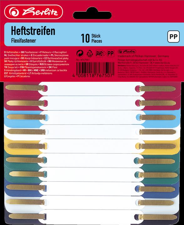 Produktbild Herlitz Heftstreifen, 34 x 150 mm, PP-Folie, farbig sortiert mit Plastik-Deckleiste, Lochung: 60-80 mm, sort